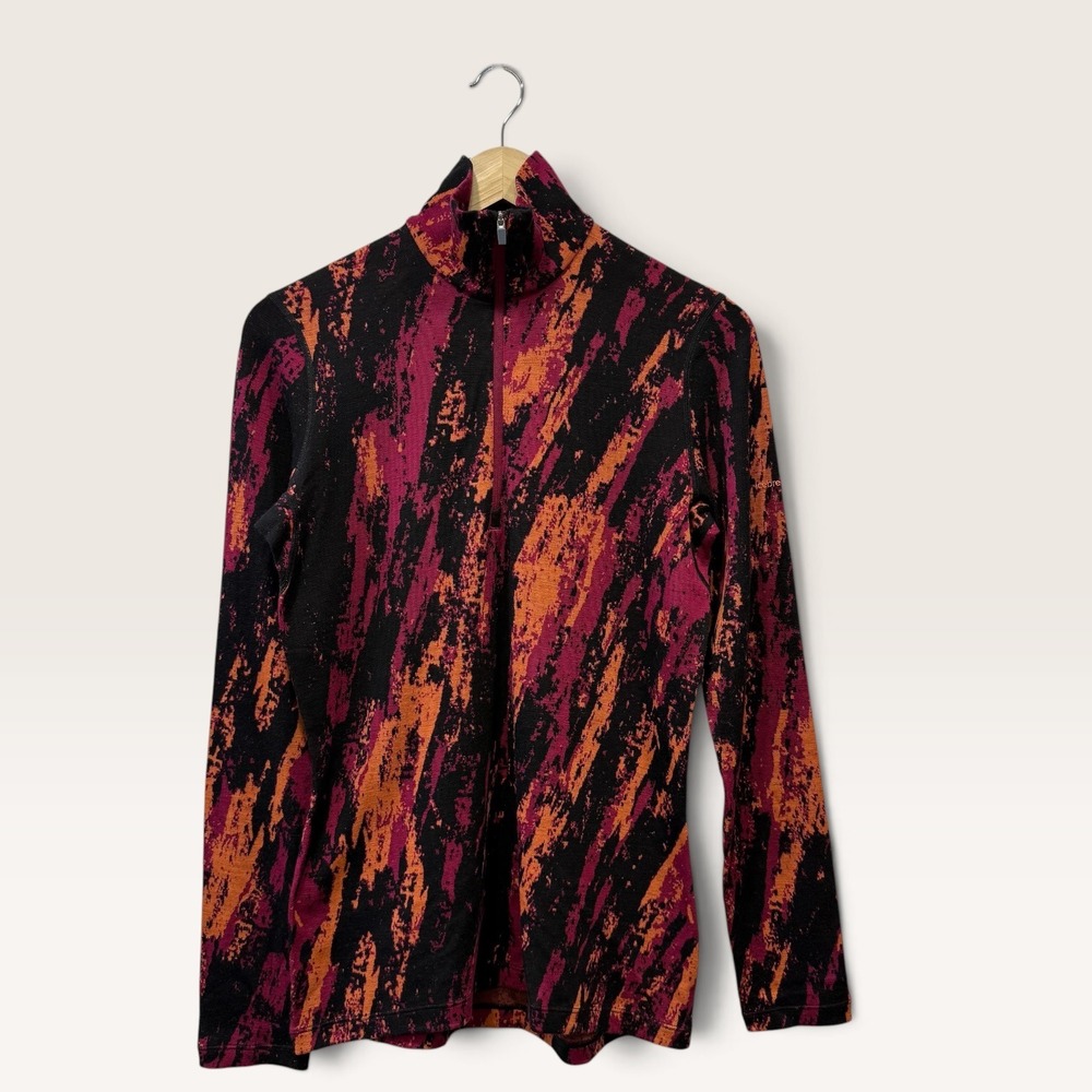 Icebreaker 250 Merino Wool Base Layer 1/4 Zip Top Pink Orange Abstract Womens M